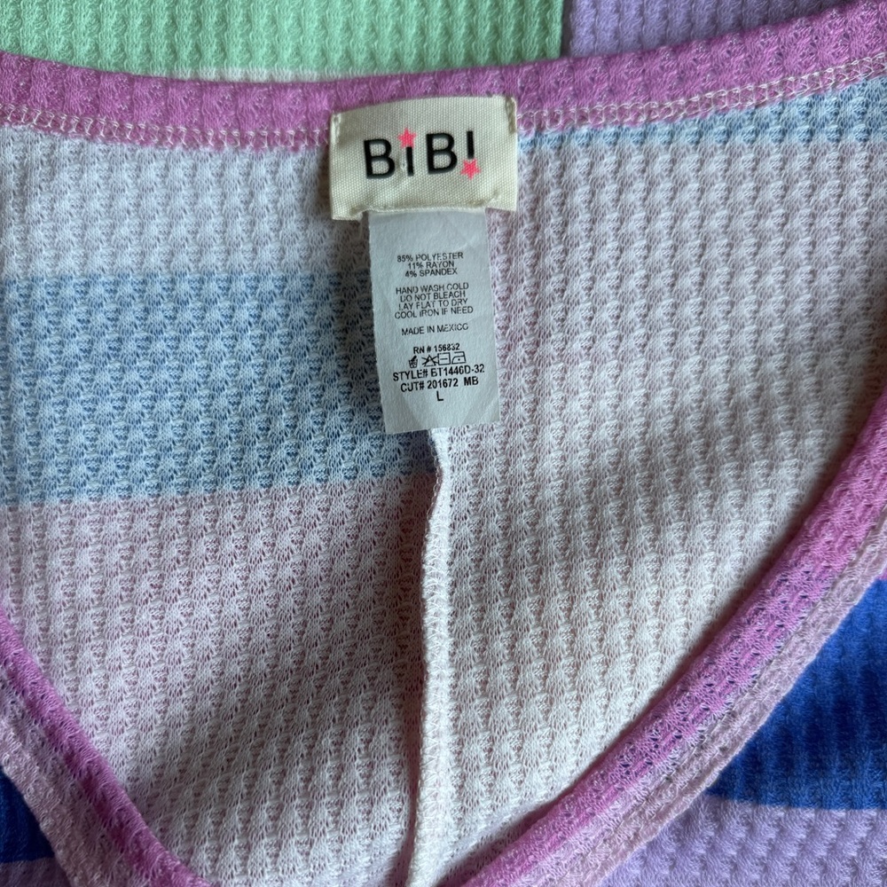 BiBi Women’s Oversized Striped Waffle Rolled Short Sleeve T Shirt Size Large - Picture 9 of 9